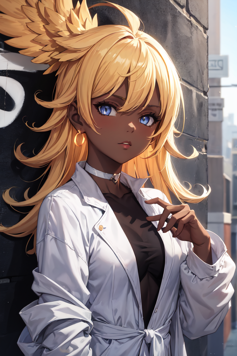 2501620-3463763503-masterpiece, best quality, absurdres, perfect anatomy, 1girl, solo, Halluel, dark skin, earrings, sharp eyes, choker, neon shirt.png